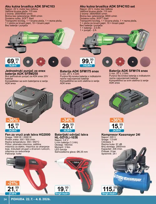 KTC katalog — stranica 24: ADK Baterija ADK SFM175 enex, ADK Jednostruki punjač za enex baterije ADK SF8M258, ADK Baterija ADK SFM174 enex, Iskra Baterijski odvljača Iskra HL-SD15Li-1036 (vrijedi 22. 07. 2026.–04. 08. 2026.)