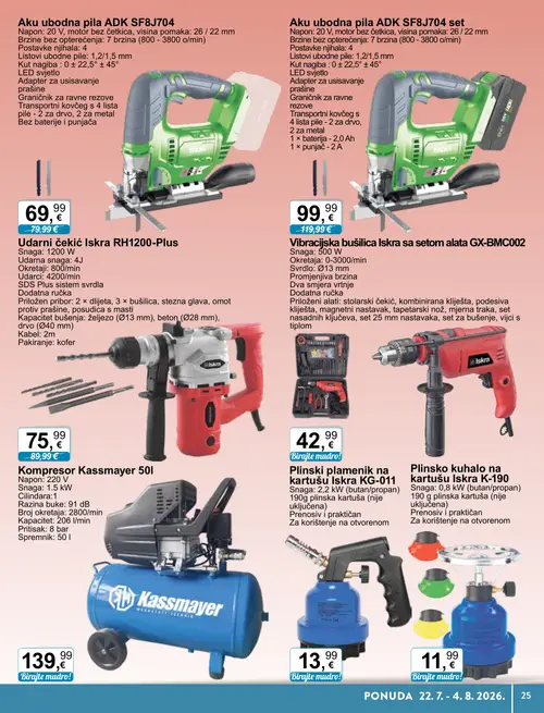 KTC katalog — stranica 25: ADK Aku ubodna pila ADK SF8J704 set, Iskra Udarni čekić Iskra RH1200-Plus, ADK Aku ubodna pila ADK SF8J704, Iskra Vibracijska bušilica Iskra sa setom alata GX-BMC002 (vrijedi 22. 07. 2026.–04. 08. 2026.)