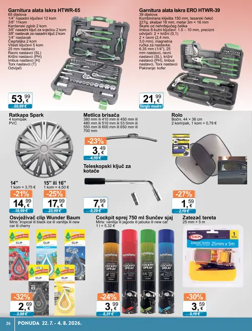 KTC katalog — stranica 26: Wunder Baum Osvježivač clip Wunder Baum, Zatezač tereta, 15" ili 16", Sunčev sjaj Cockpit sprej 750 ml Sunčev sjaj (vrijedi 22. 07. 2026.–04. 08. 2026.)