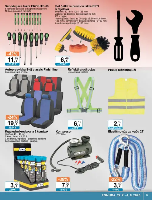KTC katalog — stranica 27: Prsluk reflektirajući, Iskra Set odvijača Iskra ERO HTS-18, Kompresor, Krpa od mikrovlakana 2 kom/pak (vrijedi 22. 07. 2026.–04. 08. 2026.)