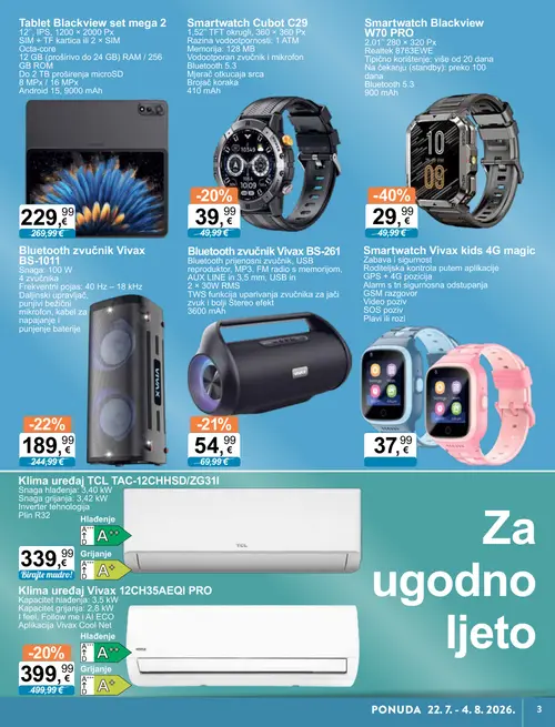KTC katalog — stranica 3: Smartwatch Blackview W70 PRO, Vivax Bluetooth zvučnik Vivax BS-1011, Vivax Bluetooth zvučnik Vivax BS-261, Smartwatch Cubot C29 (vrijedi 22. 07. 2026.–04. 08. 2026.)