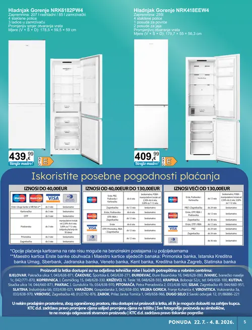 KTC katalog — stranica 5: Gorenje Hladnjak Gorenje NRK6182PW4, Gorenje Hladnjak Gorenje NRK418EEW4 (vrijedi 22. 07. 2026.–04. 08. 2026.)