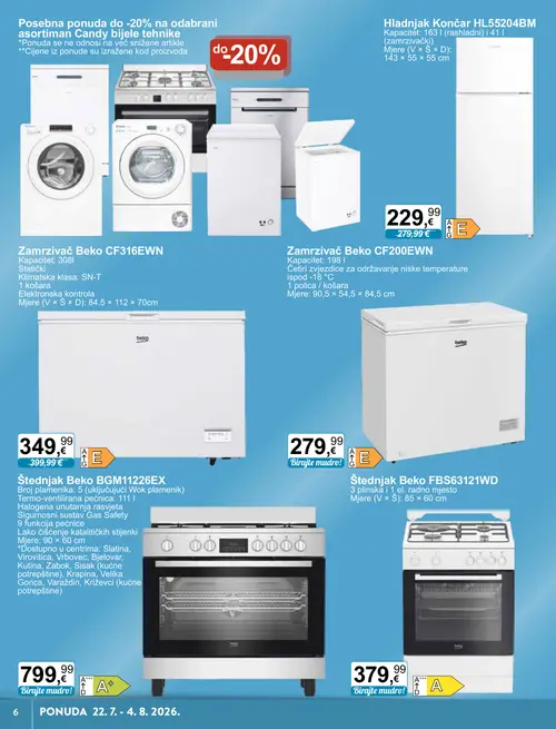 KTC katalog — stranica 6: Končar Hladnjak Končar HL55204BM, Beko Štednjak Beko BGM11226EX, Beko Zamrzivač Beko CF316EWN, Beko Zamrzivač Beko CF200EWN (vrijedi 22. 07. 2026.–04. 08. 2026.)