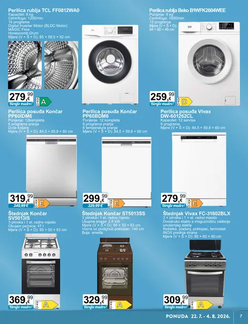 KTC katalog — stranica 7: Perilica posuđa Končar PP60BDM6, Perilica posuđa Končar PP60IDM6, Perilica rublja TCL FF0812WA0, Štednjak Končar SV5013IS (vrijedi 22. 07. 2026.–04. 08. 2026.)
