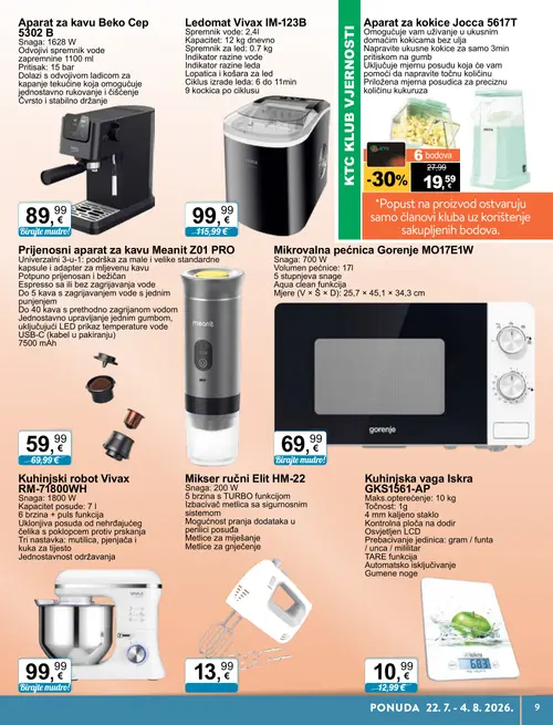 KTC katalog — stranica 9: Aparat za kokice Jocca 5617T, Kuhinjska vaga Iskra GKS1561-AP, Kuhinjski robot Vivax RM-71800WH, Prijenosni aparat za kavu Meanit Z01 PRO (vrijedi 22. 07. 2026.–04. 08. 2026.)