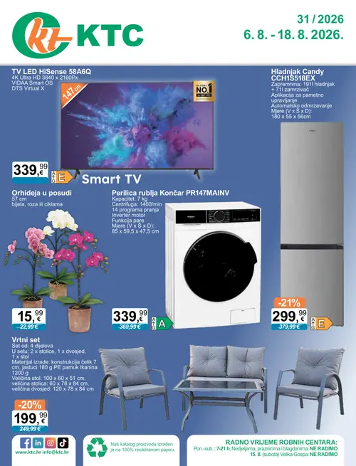 KTC katalog — stranica 1: Orhideja u posudi, Candy Hladnjak Candy CCH1S518EX, Vrtni set, Končar Perilica rublja Končar PR147MAINV (vrijedi 06. 08. 2026.–18. 08. 2026.)