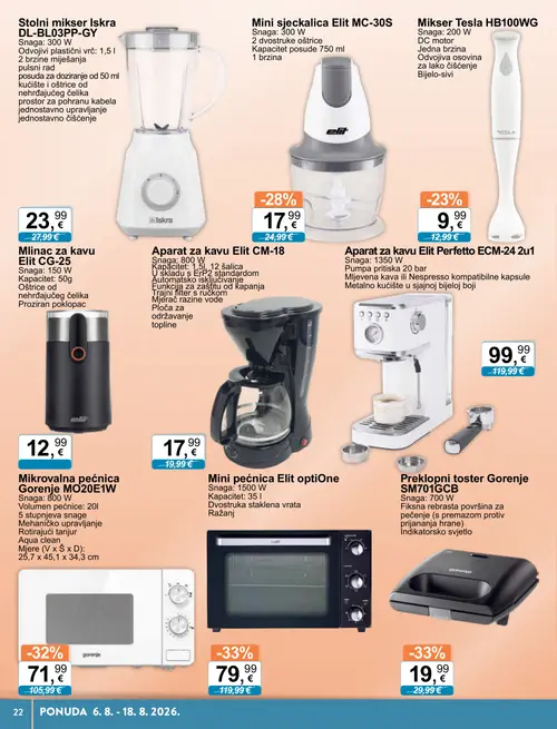 KTC katalog — stranica 12: Elit Mini pećnica Elit optiOne, Gorenje Preklopni toster Gorenje SM701GCB, Gorenje Mikrovalna pećnica Gorenje MO20E1W, Elit Mini sjeckalica Elit MC-30S (vrijedi 06. 08. 2026.–18. 08. 2026.)