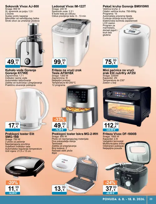 KTC katalog — stranica 13: Tesla Friteza na vrući zrak Tesla AF501BX, Vivax Friteza Vivax DF-1800B, Elit Preklopni toster Elit SMG-18B, Elit Mini pećnica na vrući zrak Elit nutriFry AF25I (vrijedi 06. 08. 2026.–18. 08. 2026.)