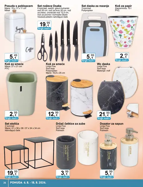 KTC katalog — stranica 16: Posuda s poklopcem, Set noževa Osaka, Set daska za rezanje, Koš za papir (vrijedi 06. 08. 2026.–18. 08. 2026.)