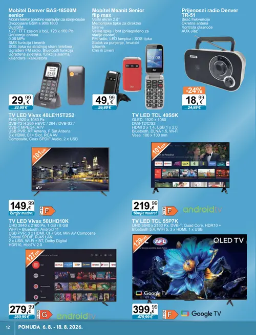 KTC katalog — stranica 2: Denver Prijenosni radio Denver TR-51, TCL TV LED TCL 55P7K, Meanit Mobitel Meanit Senior flip max, Denver Mobitel Denver BAS-18500M senior (vrijedi 06. 08. 2026.–18. 08. 2026.)