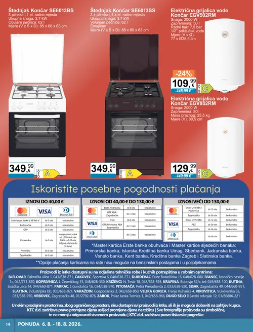 KTC katalog — stranica 4: Končar Električna grijalica vode Končar EGV502RM, Končar Električna grijalica vode Končar EGV802RM, Končar Štednjak Končar SE6013BS, Končar Štednjak Končar SE6013SS (vrijedi 06. 08. 2026.–18. 08. 2026.)