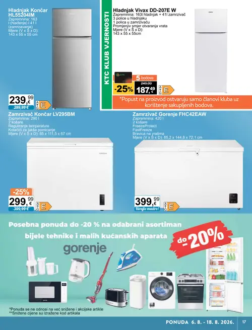 KTC katalog — stranica 7: Vivax Hladnjak Vivax DD-207E W, Končar Zamrzivač Končar LV295BM, Končar Hladnjak Končar HL55204IM, Gorenje Zamrzivač Gorenje FHC42EAW (vrijedi 06. 08. 2026.–18. 08. 2026.)