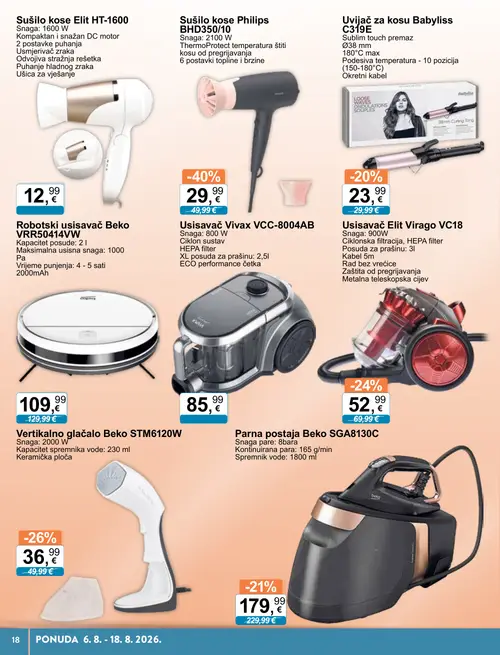 KTC katalog — stranica 8: Sušilo kose Philips BHD350/10, Beko Vertikalno glačalo Beko STM6120W, Elit Usisavač Elit Virago VC18, Beko Parna postaja Beko SGA8130C (vrijedi 06. 08. 2026.–18. 08. 2026.)