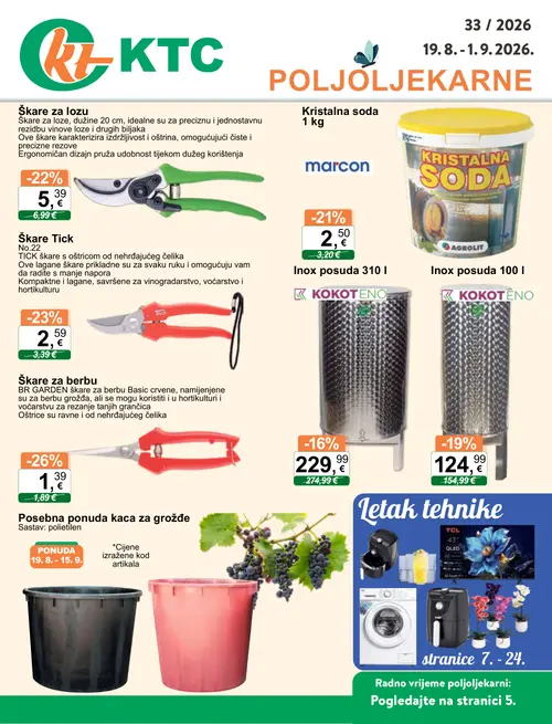KTC katalog — stranica 1: BR GARDEN BR GARDEN škare za berbu Basic, Škare Tick, Vrtne škare, marcon Kristalna soda (vrijedi 19. 08. 2026.–01. 09. 2026.)
