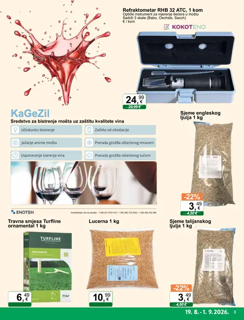 KTC katalog — stranica 3: Sjeme talijanskog ljulja, Sjeme engleskog ljulja, KOKOTENO Refraktometar RHB 32 ATC, 1 kom, ENOTEH Travna smjesa Turfline ornamental (vrijedi 19. 08. 2026.–01. 09. 2026.)