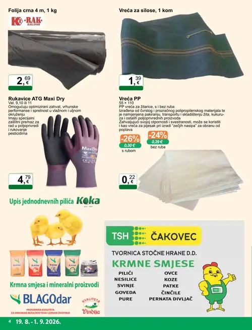 KTC katalog — stranica 4: K-RAK Folija crna 4 m, 1 kg, Vreća za silose, Rukavice ATG Maxi Dry, Vreća PP s rubom (vrijedi 19. 08. 2026.–01. 09. 2026.)