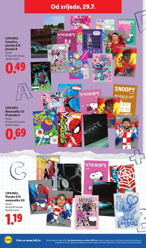 Lidl katalog — stranica 12: LIPA MILL Crtančica, pisanka A ili pisanka B, LIPA MILL Matematika 1/2 ili pisanka C, SNOOPY SNOOPY PISANKA A, SNOOPY SNOOPY (vrijedi 29. 07. 2026.–01. 09. 2026.)