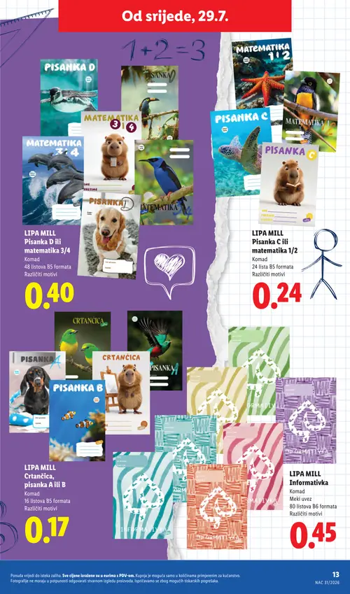 Lidl katalog — stranica 13: LIPA MILL LIPA MILL Pisanka D ili matematika 3/4, LIPA MILL LIPA MILL Pisanka C ili matematika 1/2, LIPA MILL LIPA MILL Crnčica, pisanka A ili B, LIPA MILL LIPA MILL Informativka (vrijedi 29. 07. 2026.–01. 09. 2026.)