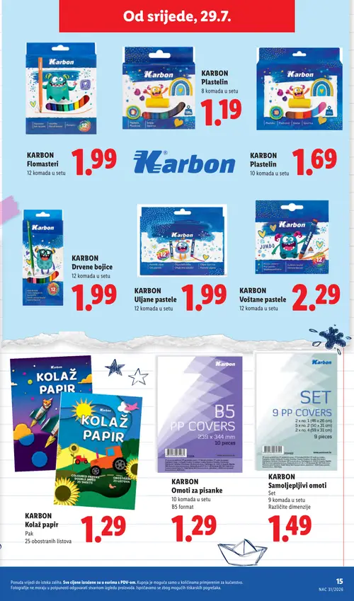 Lidl katalog — stranica 15: Karbon KARBON Flomasteri, Karbon KARBON Plastelin, Karbon KARBON Plastelin, Karbon KARBON Drvene bojice (vrijedi 29. 07. 2026.–01. 09. 2026.)