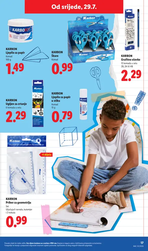 Lidl katalog — stranica 17: KARBON Ljepilo za papir, KARBON Škare, KARBON Grafitne olovke, KARBON Ugljen za crtanje (vrijedi 29. 07. 2026.–01. 09. 2026.)