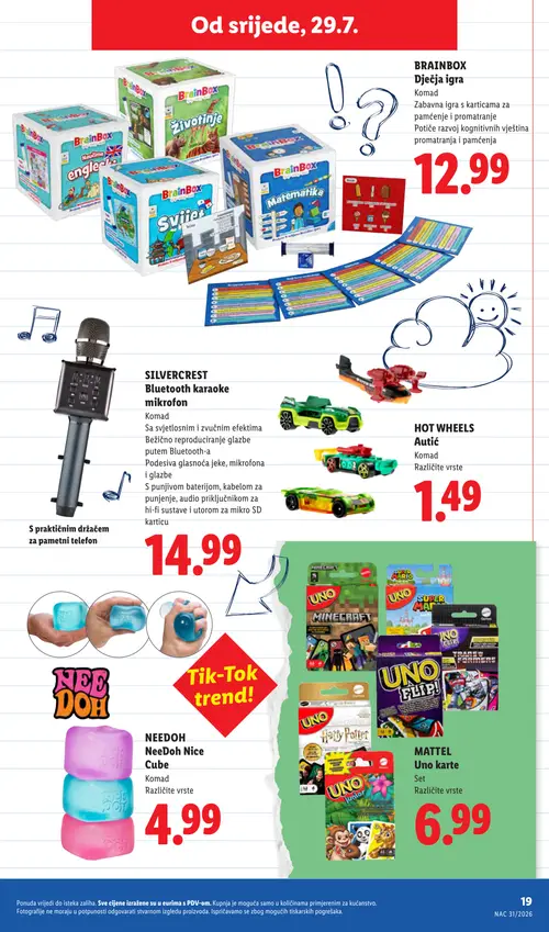 Lidl katalog — stranica 19: BRAINBOX BRAINBOX Dječja igra, SILVERCREST SILVERCREST Bluetooth karaoke mikrofon, HOT WHEELS HOT WHEELS Autić, NEEDOH NEEDOH NeeDoh Cube (vrijedi 29. 07. 2026.–01. 09. 2026.)