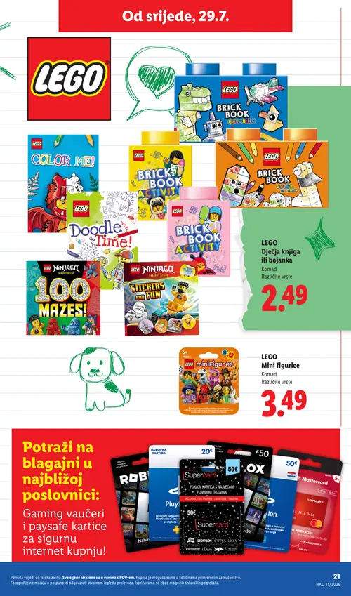 Lidl katalog — stranica 21: LEGO Dječja knjiga ili bojanka, LEGO Mini figurice, Supercard poklon kartica, Aircash Mastercard (vrijedi 29. 07. 2026.–01. 09. 2026.)