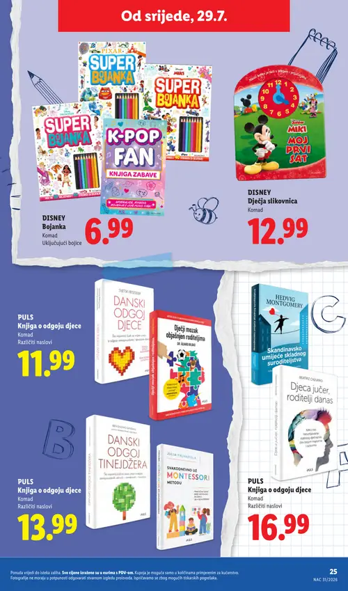Lidl katalog — stranica 25: DISNEY DISNEY Bojanka, DISNEY DISNEY Dječja slikovnica, PULS PULS Knjiga o odgoju djece, Dječji mozak objašnjen roditeljima (vrijedi 29. 07. 2026.–01. 09. 2026.)