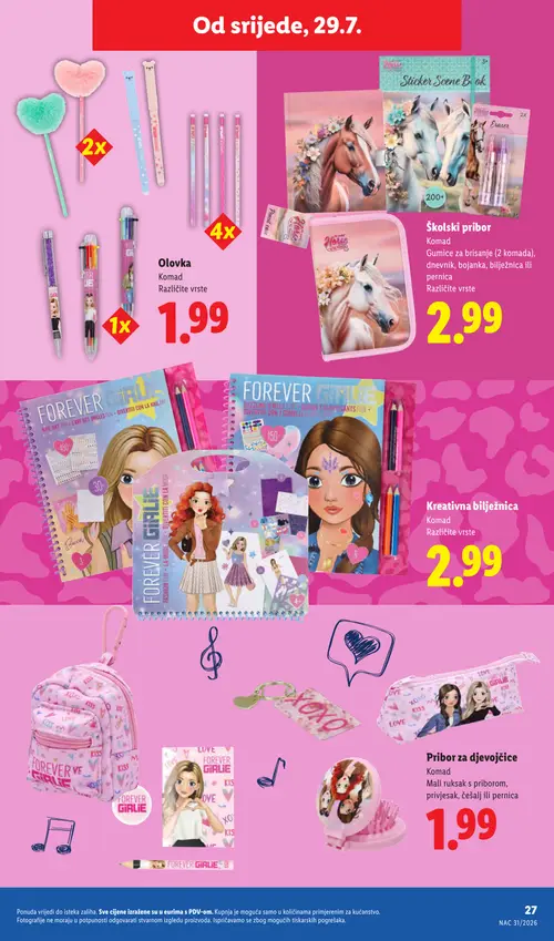 Lidl katalog — stranica 27: Gumice za brisanje (2 komada), dnevnik, bojanka, bilježnica ili pernica, Kreativna bilježnica, Pribor za djevojčice (Mali ruksak s priborom, privjesak, češalj ili pernica), Olovka (vrijedi 29. 07. 2026.–01. 09. 2026.)