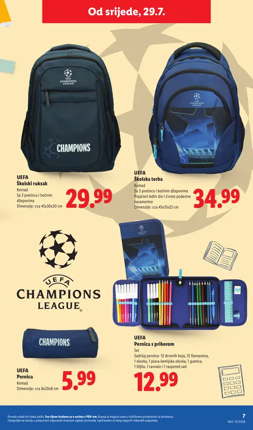 Lidl katalog — stranica 7: UEFA Školski ruksak, UEFA Školska torba, UEFA Pernica, UEFA Pernica s priborom (vrijedi 29. 07. 2026.–01. 09. 2026.)