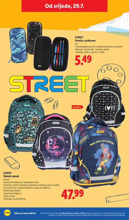 Lidl katalog — stranica 8: STREET Pernica s priborom, STREET Školski ruksak (vrijedi 29. 07. 2026.–01. 09. 2026.)