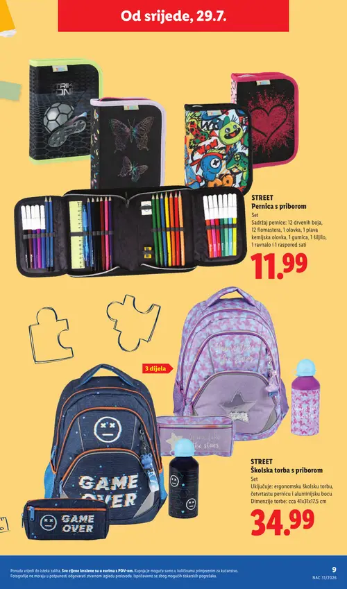 Lidl katalog — stranica 9: STREET Pernica s priborom, STREET Školska torba s priborom (vrijedi 29. 07. 2026.–01. 09. 2026.)