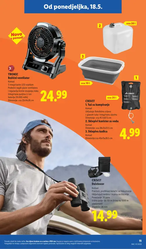 Lidl katalog — stranica 11: TRONIC Bežični ventilator, CRIVIT Posuda za kampiranje, CRIVIT Dalekozor (vrijedi 18. 05. 2026.–31. 08. 2026.)