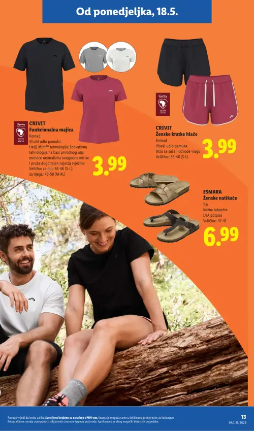 Lidl katalog — stranica 13: CRIVIT CRIVIT Funkcionalna majica, CRIVIT CRIVIT Ženske kratke hlače, ESMARA ESMARA Ženske natikače (vrijedi 18. 05. 2026.–31. 08. 2026.)