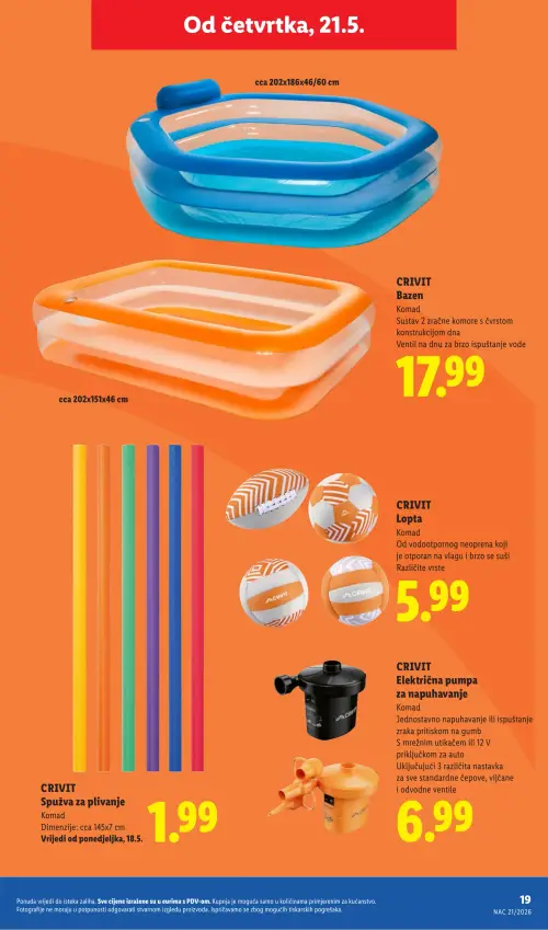 Lidl katalog — stranica 19: CRIVIT CRIVIT Bazen, CRIVIT CRIVIT Lopta, CRIVIT CRIVIT Električna pumpa za napuhavanje, CRIVIT CRIVIT Spužva za plivanje (vrijedi 18. 05. 2026.–31. 08. 2026.)