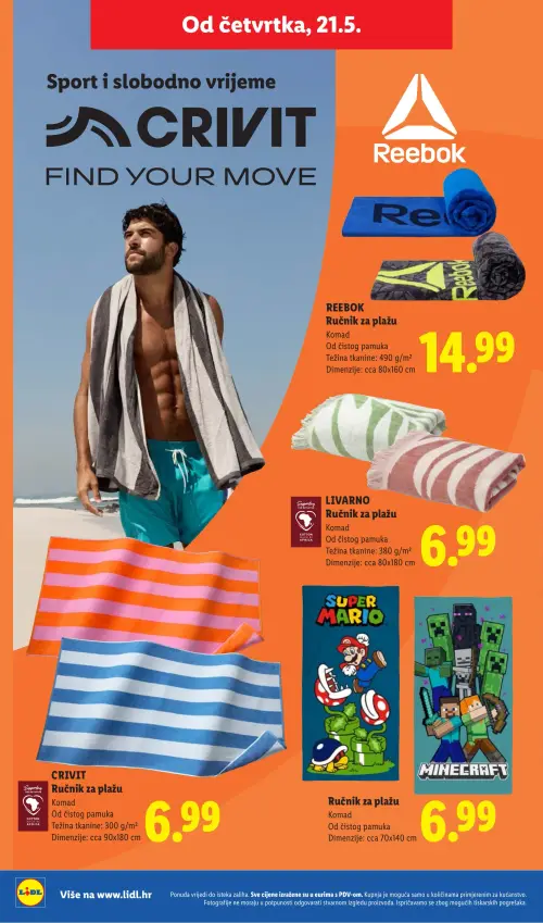 Lidl katalog — stranica 22: Reebok Reebok Ručnik za plažu, LIVARNO LIVARNO Ručnik za plažu, CRIVIT CRIVIT Ručnik za plažu, Ručnik za plažu (vrijedi 18. 05. 2026.–31. 08. 2026.)