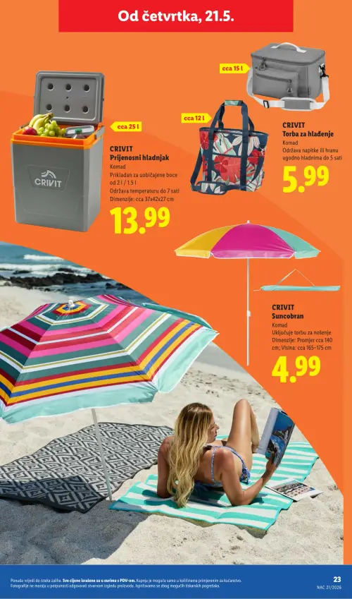 Lidl katalog — stranica 23: CRIVIT Prijenosni hladnjak, CRIVIT Torba za hlađenje, CRIVIT Suncobran (vrijedi 18. 05. 2026.–31. 08. 2026.)