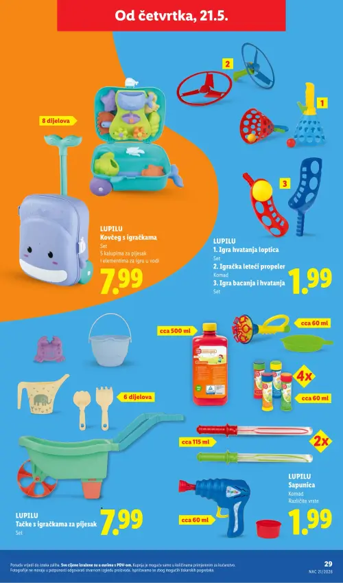 Lidl katalog — stranica 29: LUPILU LUPILU Kovčeg s igračkama, LUPILU LUPILU 1. Igra hvatanja loptica, LUPILU LUPILU 2. Igračka leteći propeler, LUPILU LUPILU 3. Igračka bacanja i hvatanja (vrijedi 18. 05. 2026.–31. 08. 2026.)