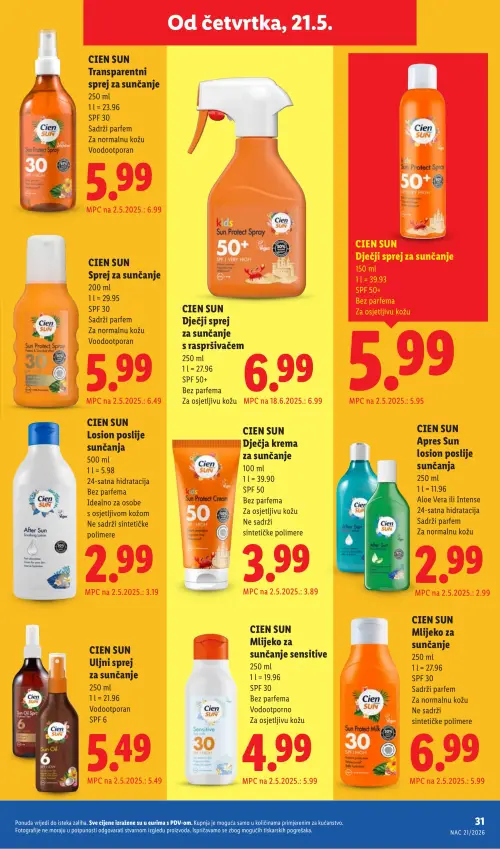 Lidl katalog — stranica 31: CIEN SUN CIEN SUN Mlijeko za sunčanje sensitive SPF 30, CIEN SUN CIEN SUN Transparentni sprej za sunčanje SPF 30, CIEN SUN CIEN SUN Losion poslije sunčanja, CIEN SUN CIEN SUN Dječji sprej za sunčanje s raspršivačem SPF 50+ (vrijedi 18. 05. 2026.–31. 08. 2026.)