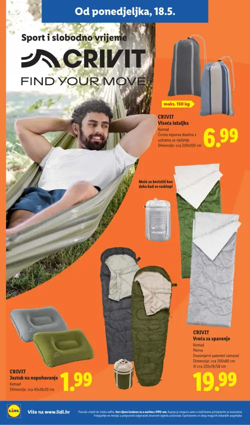 Lidl katalog — stranica 4: CRIVIT CRIVIT Viseća ležaljka, CRIVIT CRIVIT Vreća za spavanje, CRIVIT CRIVIT Jastuk na napuhavanje (vrijedi 18. 05. 2026.–31. 08. 2026.)