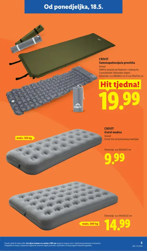 Lidl katalog — stranica 5: CRIVIT CRIVIT Samonapuhavajuća prostirka, CRIVIT CRIVIT Zračni madrac, Zračni madrac (vrijedi 18. 05. 2026.–31. 08. 2026.)