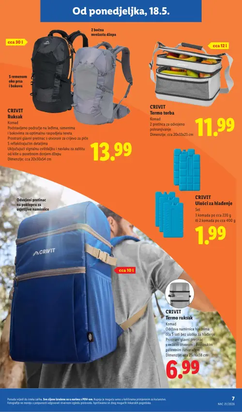 Lidl katalog — stranica 7: CRIVIT Ruksak, CRIVIT Termo torba, CRIVIT Ulošci za hlađenje, CRIVIT Termo ruksak (vrijedi 18. 05. 2026.–31. 08. 2026.)