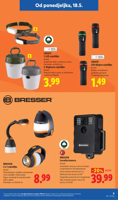 Lidl katalog — stranica 9: BRESSER BRESSER Lovačka kamera, CRIVIT CRIVIT 1. LED svjetiljka, CRIVIT CRIVIT 2. Naglavna svjetiljka, CRIVIT CRIVIT LED džepna svjetiljka (vrijedi 18. 05. 2026.–31. 08. 2026.)