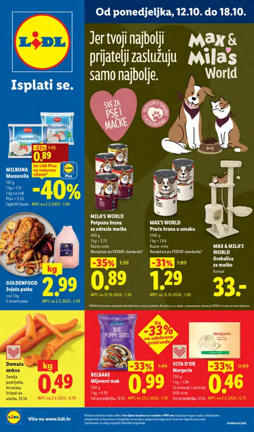 Lidl katalog — stranica 1: Domaća mrkva, MILA'S WORLD Potpuna hrana za odrasle mačke, BELBAKE Mljeveni mak, VITA D'OR Margarin (vrijedi 12.10.–18.10.2026.)