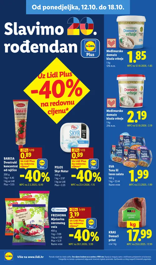 Lidl katalog — stranica 10: BARESA Dvostruki koncentrat od rajčice, PILOS Skyr Natur, FRESHONA Mješavina smrznutog voća, EVA Tuna ili losos salata (vrijedi 12.10.–18.10.2026.)
