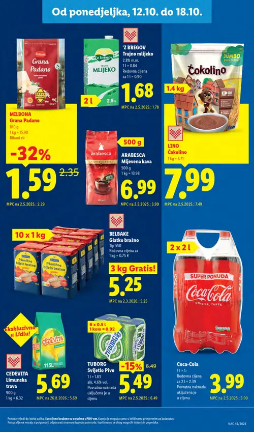 Lidl katalog — stranica 11: MILBONA Grana Padano, TUBORG Svijetlo Pivo, 'Z BREGOV Trajno mlijeko, Coca-Cola (vrijedi 12.10.–18.10.2026.)