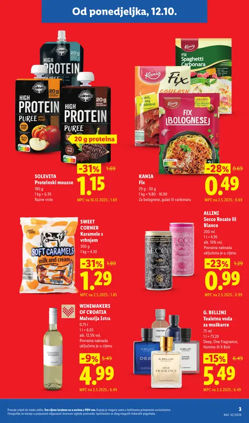 Lidl katalog — stranica 4: Solevita High Protein Puree Apple Peach, Sweet Corner Soft caramels milk and cream, Kania Fix Spaghetti Carbonara, Allini Secco Rosato ili Bianco (vrijedi 12.10.–18.10.2026.)