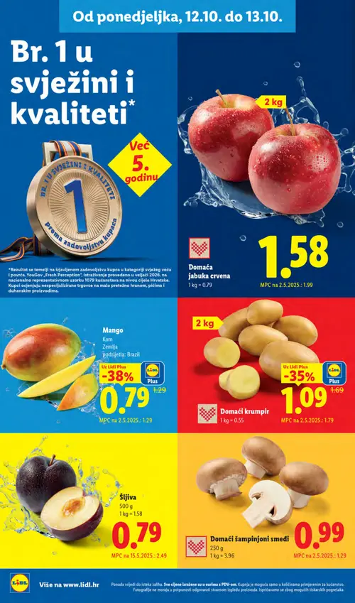 Lidl katalog — stranica 6: Šljiva, Domaći krumpir, Mango, Domaći šampinjoni smeđi (vrijedi 12.10.–18.10.2026.)