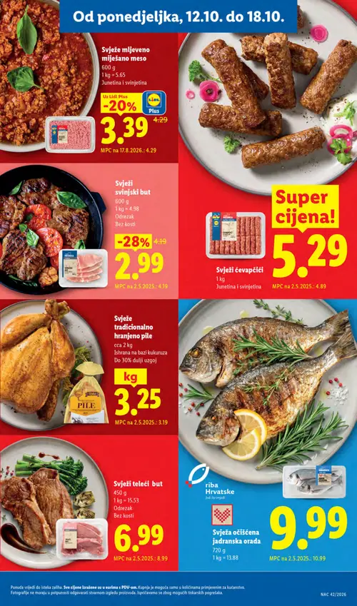Lidl katalog — stranica 7: Svježi svinjski but, Svježi teleći but, Svježe mljeveno miješano meso, Svježa očišćena jadranska orada (vrijedi 12.10.–18.10.2026.)
