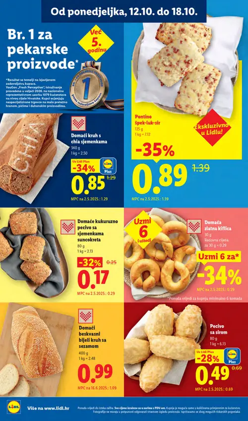 Lidl katalog — stranica 8: Pontino špek-luk-sir, Domaći kruh s sjemenkama, Domaće kukuruzno pecivo sa sjemenkama, Pecivo sa sirom (vrijedi 12.10.–18.10.2026.)