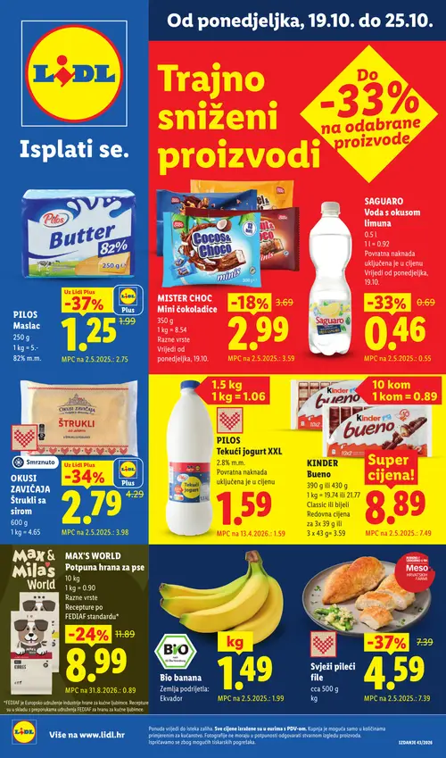 Lidl katalog — stranica 1: Svježi pileći file, PILOS Maslac, OKUSI ZAVIČAJA Štukli sa sirom, SAGUARO Voda s okusom limuna (vrijedi 19.10.–25.10.2026.)